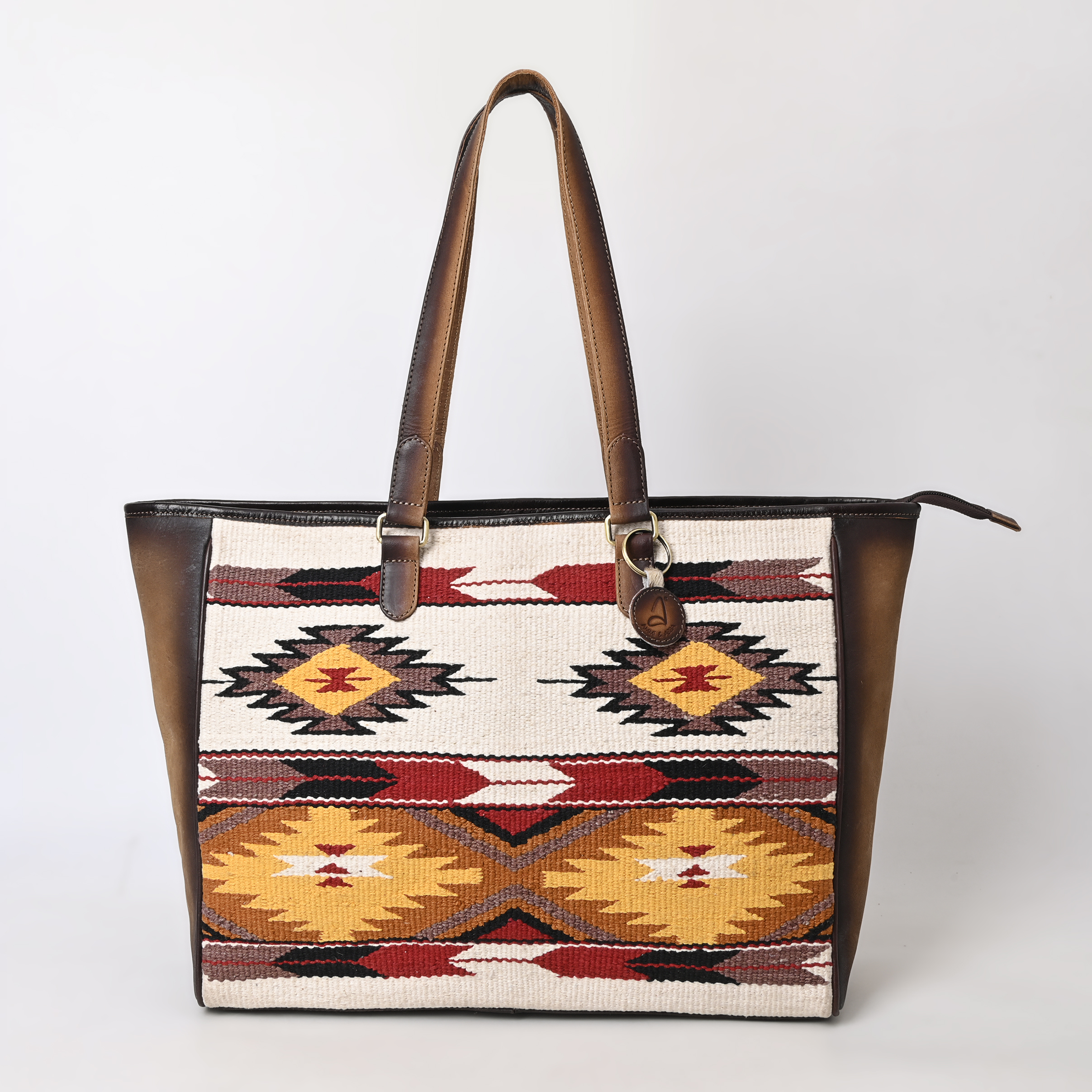 DSC_0726 copy Handcrafted Aztec Pattern Tote Bag with Distressed Leather Accents and Padded Interior for Laptops - Image 1